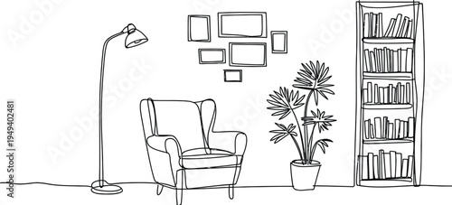 Continuous Line Drawing of Cozy Living Room Interior with Armchair, Floor Lamp, Houseplant, Bookshelf and Wall Decor, Minimalist Home Interior Illustration, Modern One Line Art Vector