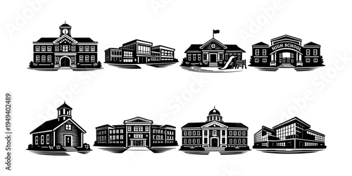 Vintage school building illustrations set, black and white silhouette vector