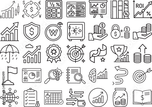 Financial ROI and Risk Management Line Icon Set