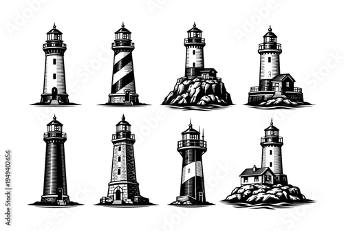 Black and white vector set of lighthouse silhouettes on rock formations for nautical design