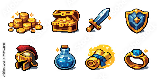 Medieval loot and equipment displayed on neutral background