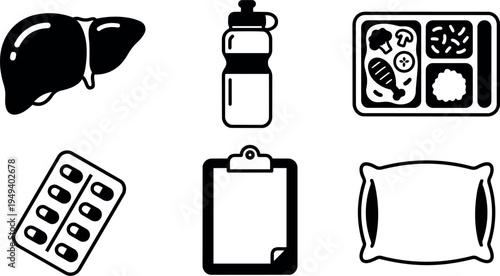 Simple black and white vector icons set including human liver water bottle canned food pills clipboard and pillow isolated on white background