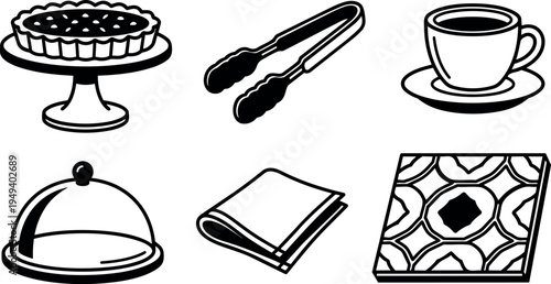 Black and white vector set of pie plate tongs coffee cup cloche napkin and patterned tile icons isolated on white background