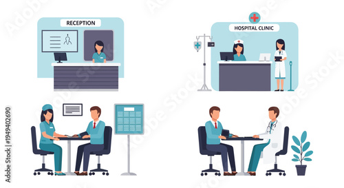 A colorful illustration depicts a busy hospital reception and doctor s office scenes with flat design silhouette high quality professional detailed modern