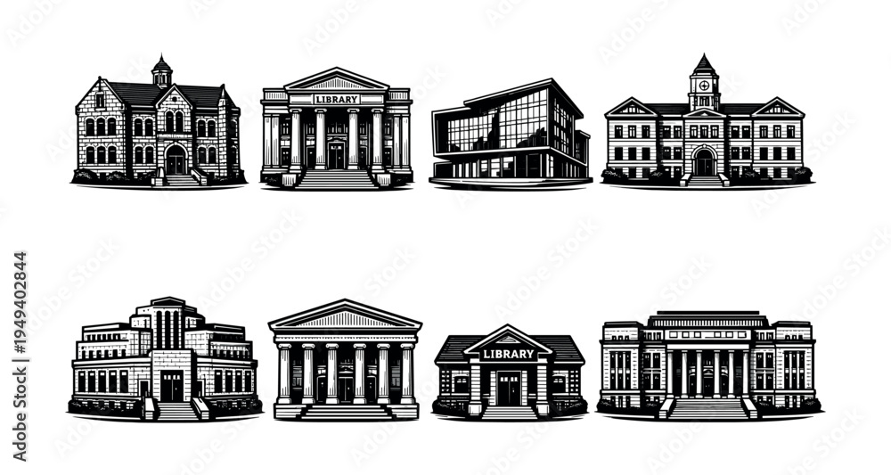Naklejka premium Black and white vector illustrations of eight historic and modern library buildings