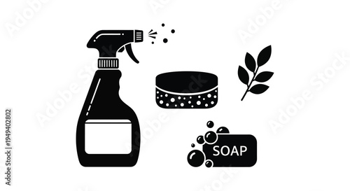 A minimalist depiction of cleaning supplies including a spray bottle soap and plant in silhouette high quality professional detailed modern elegant