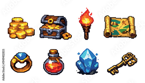 Treasure items arranged in grid on plain beige background