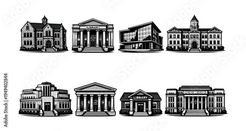 Black and white vector illustrations of eight historic and modern library buildings