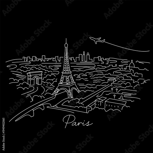 Panorama of Paris, France, from an airplane. Downtown, Elphelion Tower, Louvre, Champs-Élysées. Flat vector illustration isolated on white background for print.