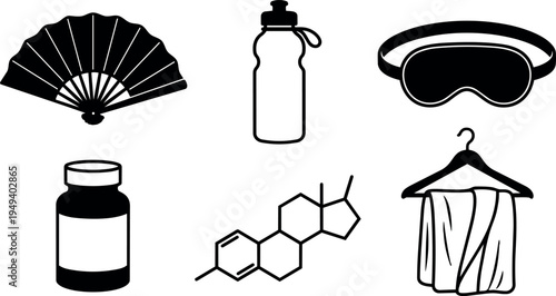 Black silhouette icons of folding fan medication bottle water bottle eye mask and towel on hanger vector art