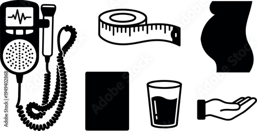 Black silhouette medical fetal doppler device tape measure pregnancy belly glass of water and open hand healthcare icons vector design