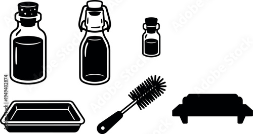 Black and white vector set of glass bottles various sizes cleaning brush tray and sofa icons simple silhouettes isolated on white background