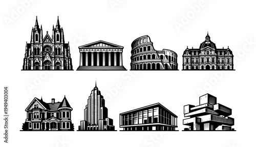 Black and white architectural landmarks silhouette set of famous buildings illustration