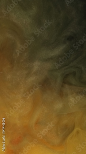 Vapor mist. Glitter texture. Blur green orange color paint shimmer smoke haze acrylic cloud underwater splash abstract art background.