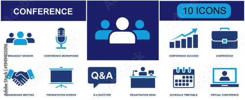 Conference icon set. Containing breakout session, conference microphone, conference success chart, conference briefcase, handshake meeting, presentation screen, Q&A question, registration desk, schedu