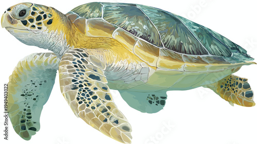 Detailed illustration of a sea turtle, showing the animal's shell, flippers, and head against a white background