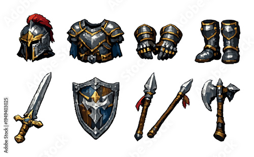 Medieval knight armor and weapons laid out on dark background