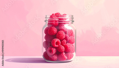 Raspberries in glass jar with soft pink background.