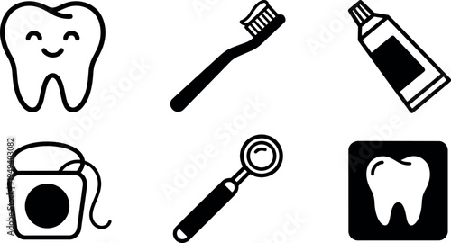 Minimalist black and white dental hygiene icons set featuring smiling tooth toothbrush toothpaste floss and dental mirror vector art