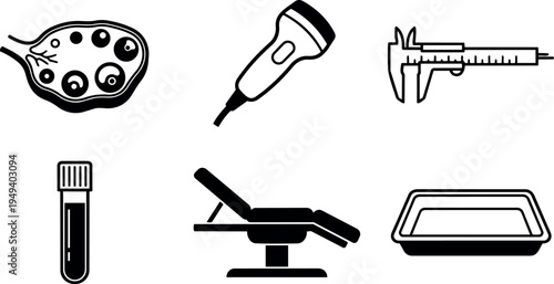 Black and white medical laboratory equipment vector icons including microscope slide vial scan chair and caliper tool in flat design
