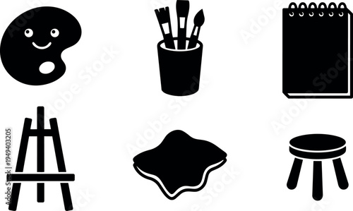 Black silhouette vector icons of artist palette smiling brushes in cup notepad easel cloth and stool isolated