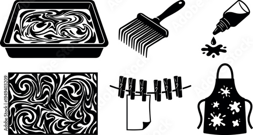 Black and white vector illustration of marbling tray ink drops rake apron and clothes hanging on line design elements