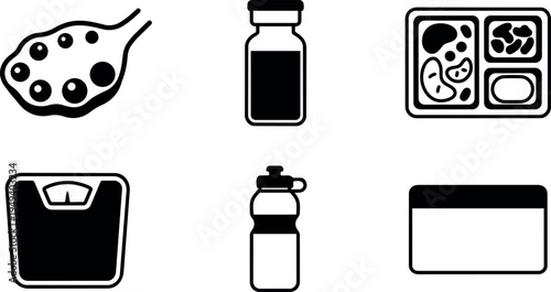 Flat design icons set including fat cell schematic blood vial food tray scale water bottle and credit card vector art
