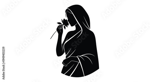 Elegant woman in traditional attire smelling a rose black silhouette