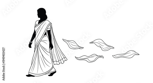 Woman in traditional sari walking with falling leaves graphic silhouette