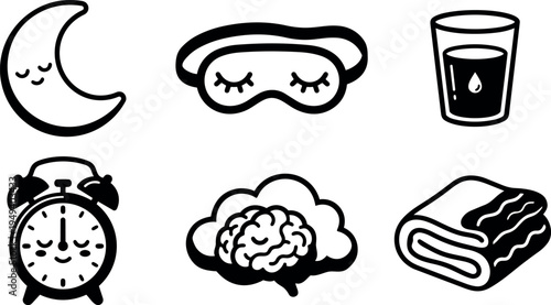 Black and white line art set of sleeping moon sleeping mask drink alarm clock brain and folded blanket icons