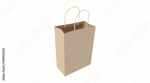 Brown paper shopping bag with handles illustration, eco friendly retail packaging and grocery shopping bag isolated on white background, reusable kraft paper bag concept for store purchase 
