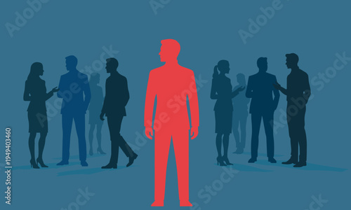 A group of silhouettes of businessmen, one of whom stands out as an outstanding specialist, is a metaphor for talent selection, candidate evaluation, and selection of the best candidate.
