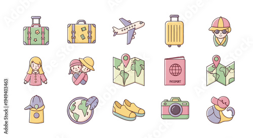 Travel icons luggage plane map people
