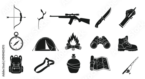 A collection of black silhouette icons representing outdoor survival and hunting equipment tools and navigational aids silhouette high quality professional