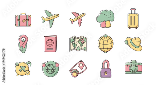 Travel icons plane suitcase passport globe map