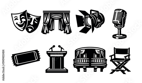 Theatrical icons set in black and white silhouette vector style