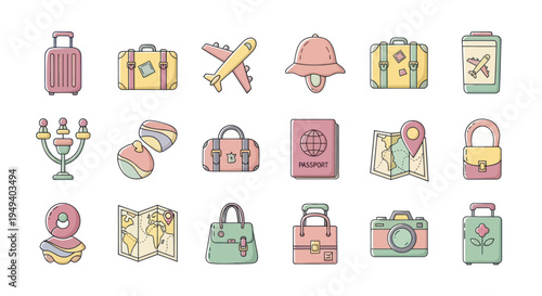Travel icons suitcases airplane map camera