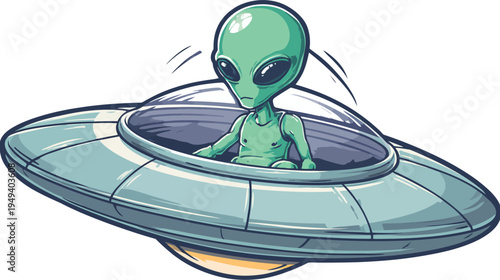 A cartoon depiction of a green alien in a flying saucer, against a white background