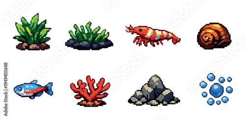 Aquatic creatures and plants in two rows on blurred background