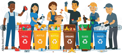 Diverse Group of Volunteers Sorting Recycling and Waste Into Labeled Bins for Sustainability