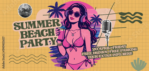 Retro vintage pop art comic style Tropical summer beach party banner for social media cover, website header, poster with bikini woman wearing headphones and disco ball for summer music event concept