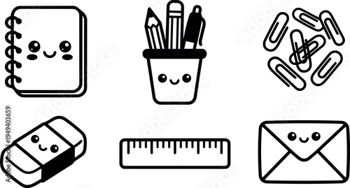 Cute kawaii style smiling notebook pencil cup ruler eraser paper clips and envelope icons vector art set