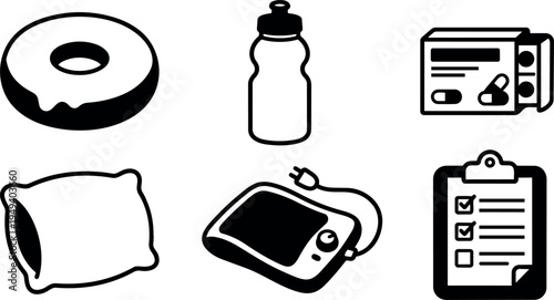 Minimalist black and white vector icons set including donut pillow water bottle medicine pills heated pad and checklist clipboard