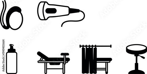 Vector set of black and white massage and spa icons including lotion bottle massage table privacy curtain massage stool and hair dryer