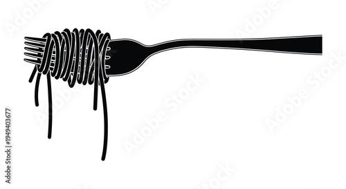 A minimalist depiction of spaghetti twirled on a fork presented in a striking black and white silhouette high quality professional detailed