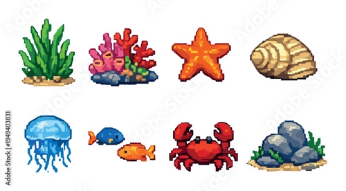 Aquarium icons of sea creatures and decor on gray background