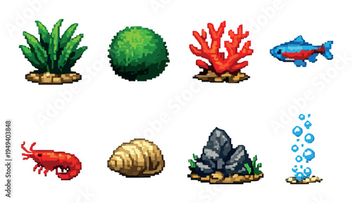 Aquatic plants and animals arranged in two rows on dark background