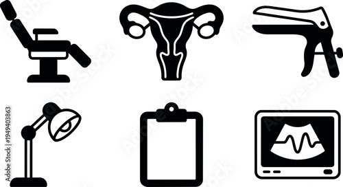 Medical gynecology icons set with examination chair uterus speculum ultrasound scan lamp and clipboard
