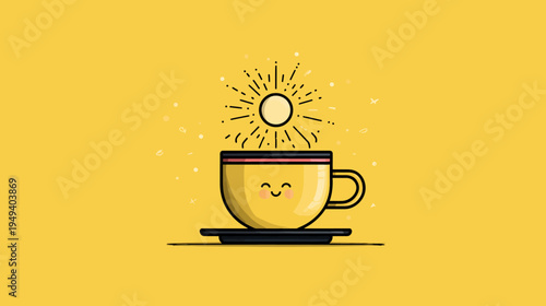 A cartoon-style illustration of a happy coffee cup with sun rays over it, on a bright yellow background