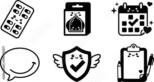 Cute smiling medical pill pack condom package calendar with heart checklist speech bubble shield with wings and clipboard with pencil vector icons